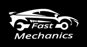 Logotipo de Fast Mechanics con la silueta de un coche deportivo blanco sobre fondo negro.