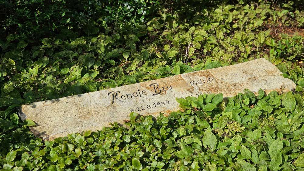 Grabstein von Renoir, eingebettet in ein Bett aus grünem Laub.