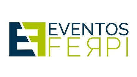 Un logotipo azul y verde para eventos feari sobre un fondo blanco.