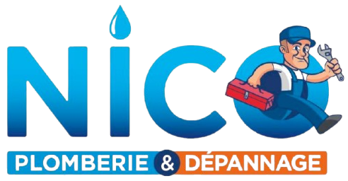 Vers l'accueil du site Logo d'un service de plomberie avec le nom « Nico » en bleu, une goutte d'eau et un plombier de dessin animé.