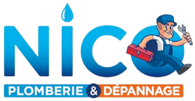 Accueil Logo d'un service de plomberie avec le nom « Nico » en bleu, une goutte d'eau et un plombier de dessin animé.