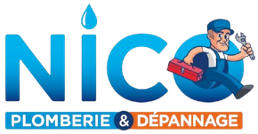 Accueil Logo d'un service de plomberie avec le nom « Nico » en bleu, une goutte d'eau et un plombier de dessin animé.