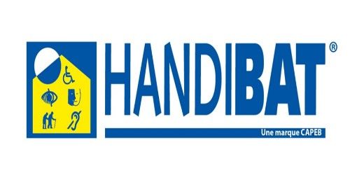 Logo de HANDIBAT avec symboles d'accessibilité. Texte bleu, cadre bleu et jaune avec cercle blanc.