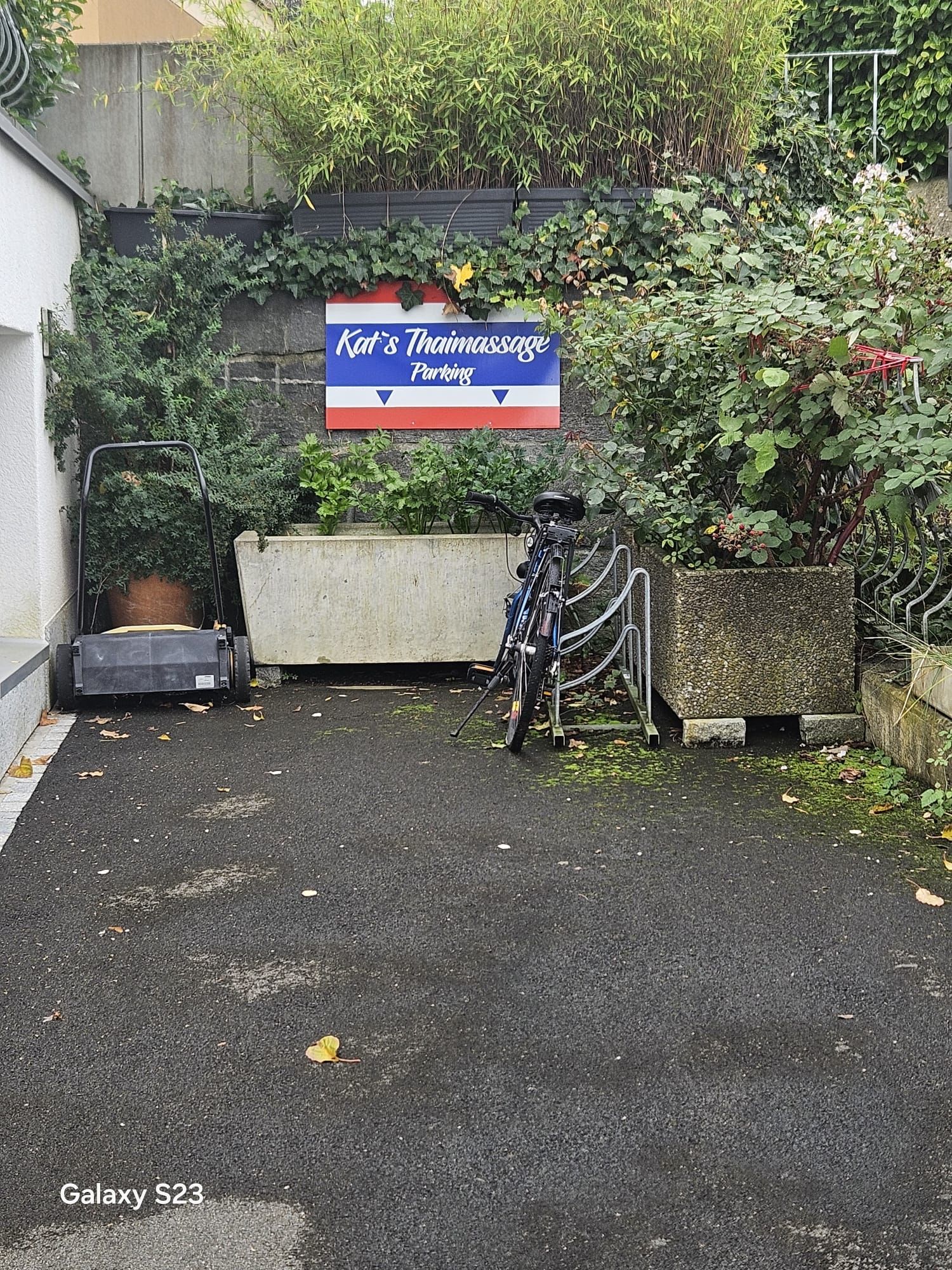 Asphaltierte Fläche mit Pflanzen, Fahrradständer, Rasenmäher und Schild mit der Aufschrift „K’s Thai Imbiss-Garten“.