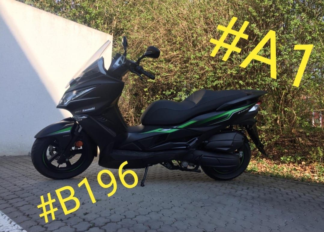 Schwarzer Roller parkt auf dem Bürgersteig vor grünen Akzenten, Sonnenlicht und einer Mauer mit Laubwerk im Hintergrund.