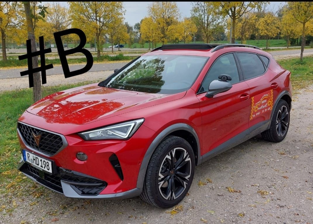 Ein roter Cupra Formentor parkt im Freien vor Bäumen, darüber ist die Nummer 