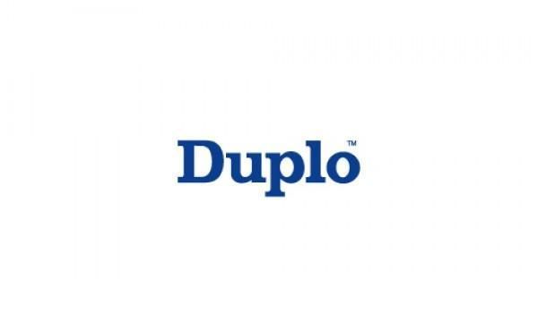 Un logotipo azul y blanco para Duplo sobre un fondo blanco.