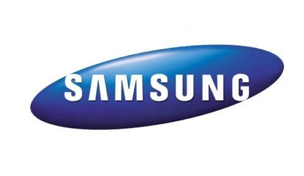 Un logotipo de Samsung azul sobre un fondo blanco