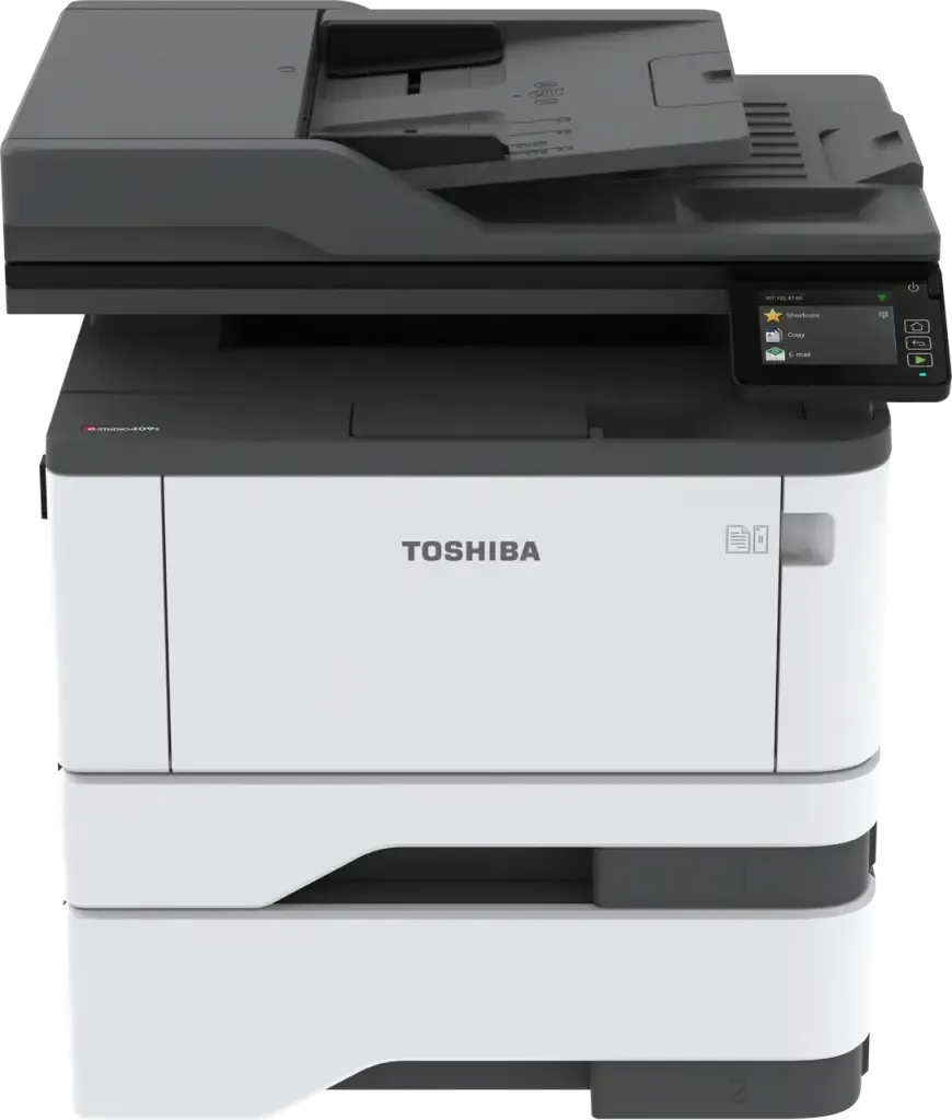 Una impresora Toshiba está apilada una encima de otra