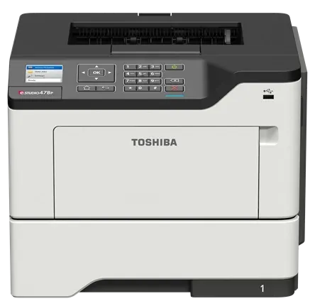 Se muestra una impresora Toshiba sobre un fondo blanco.