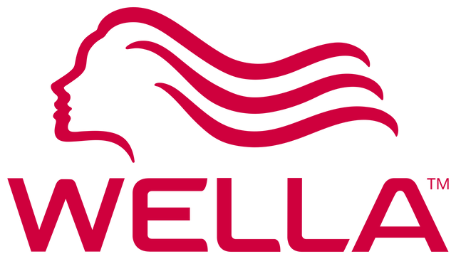 Wella-Logo mit stilisiertem roten Profil und fließendem Haar über dem Wort „WELLA“