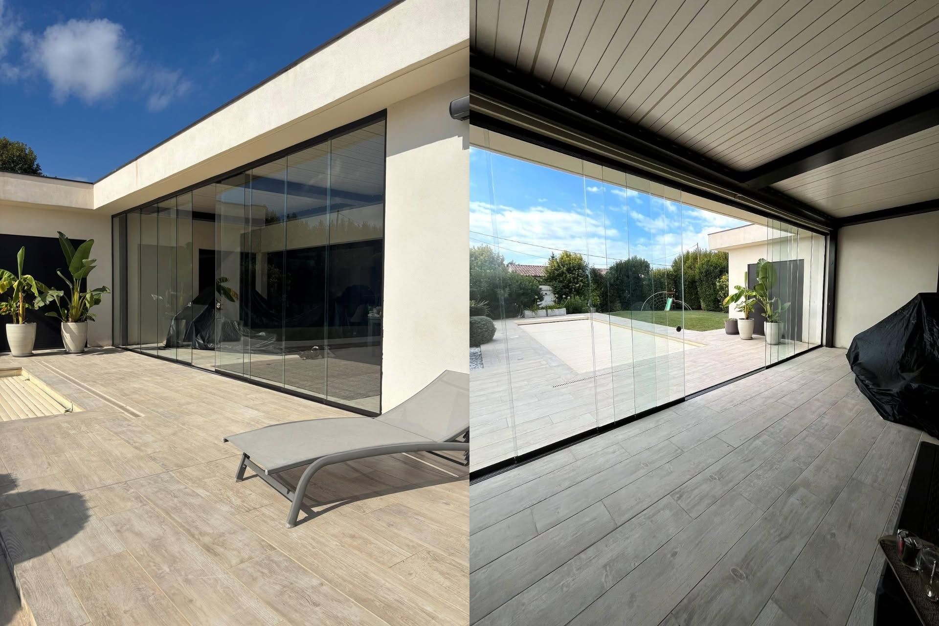 Patio moderne avec portes vitrées, sol blanc et chaise longue à côté d'une élégante terrasse couverte.
