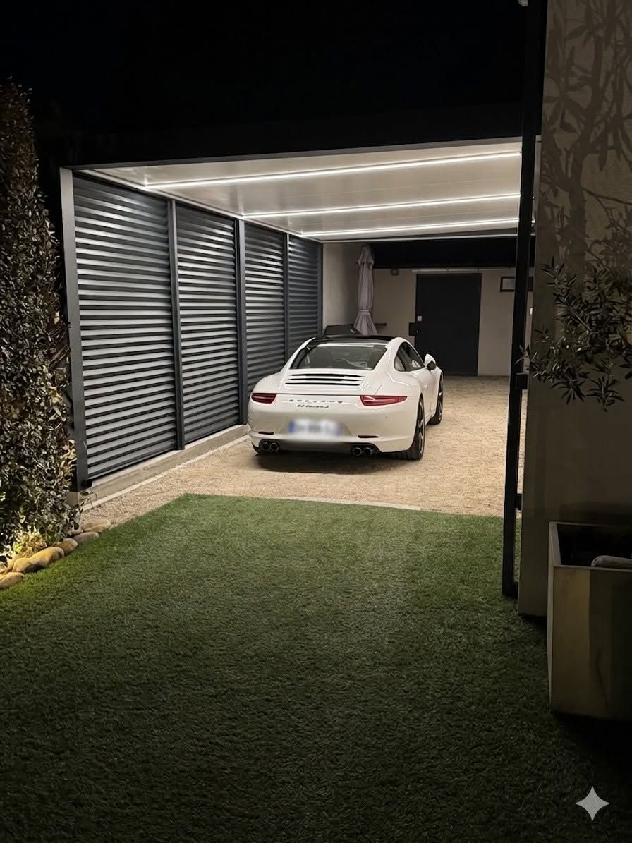 Voiture blanche garée de nuit dans une allée couverte moderne, avec éclairage extérieur et une bande de gazon à côté.