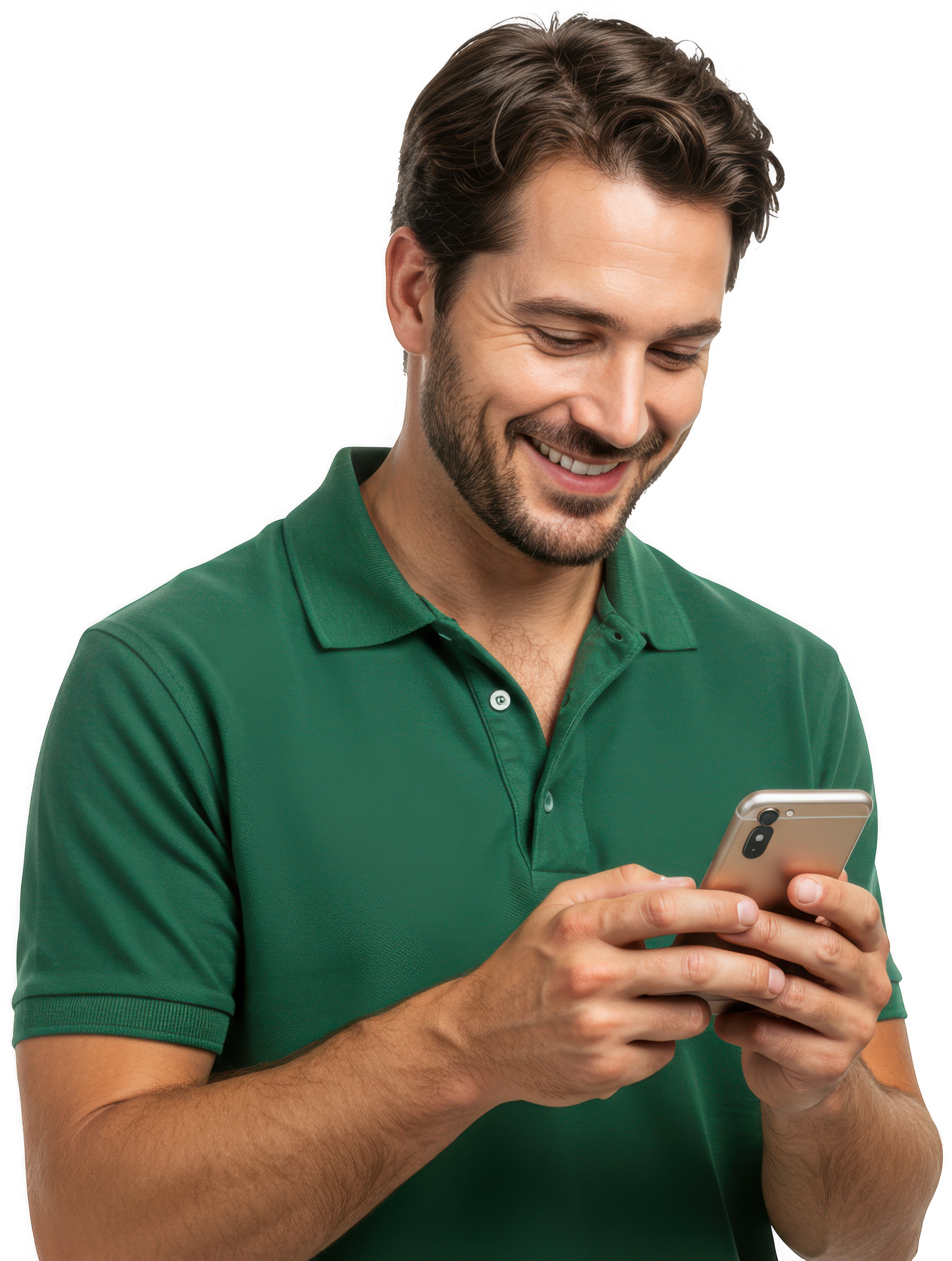 Homme en polo vert souriant en utilisant un smartphone sur fond blanc.
