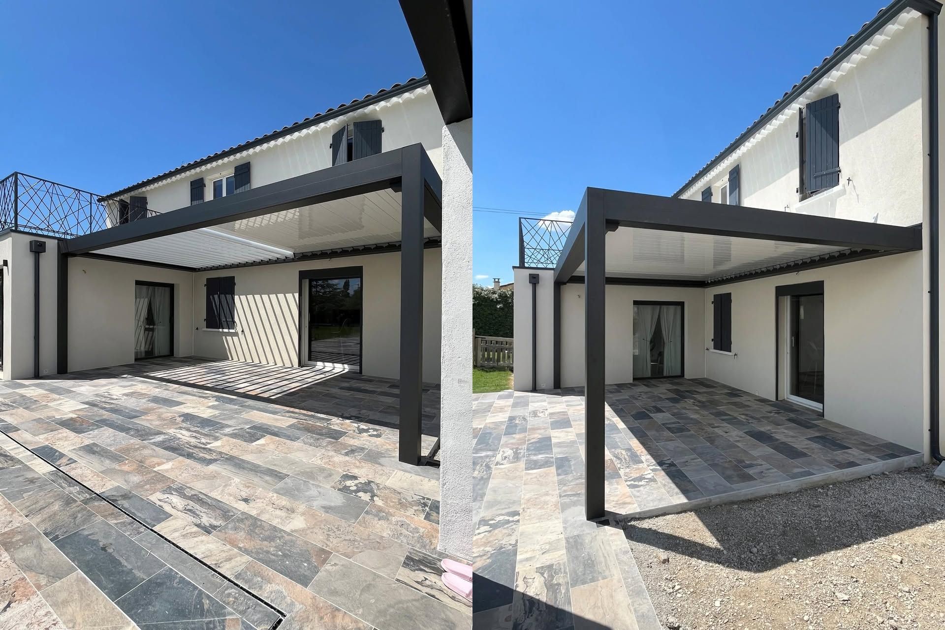 Maison moderne à deux étages avec patio couvert, cour en pierre et murs extérieurs blancs.