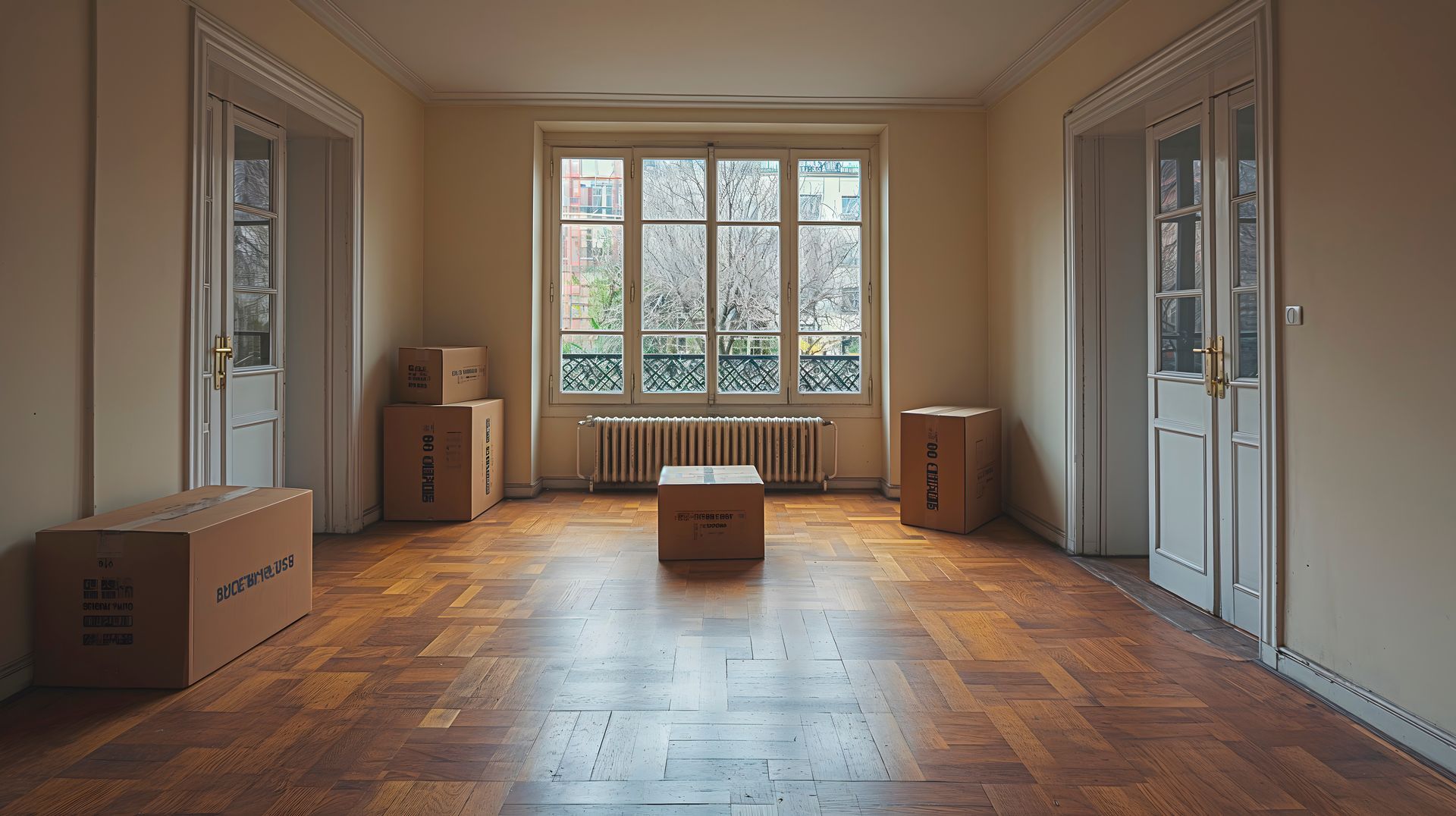 Intérieur d'un appartement vide avec des cartons faits