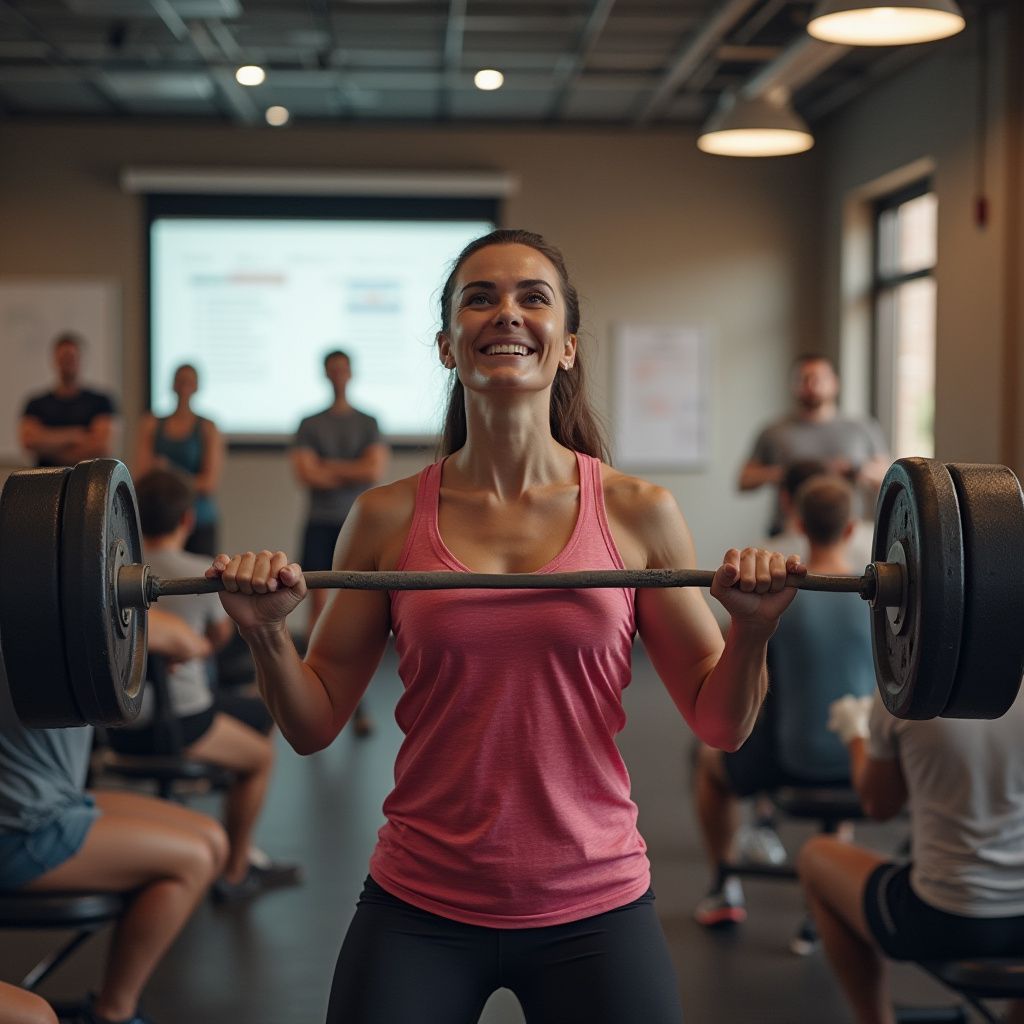 Woman lifting barbell in a gym, smiling. Other people seated or standing in the background.
