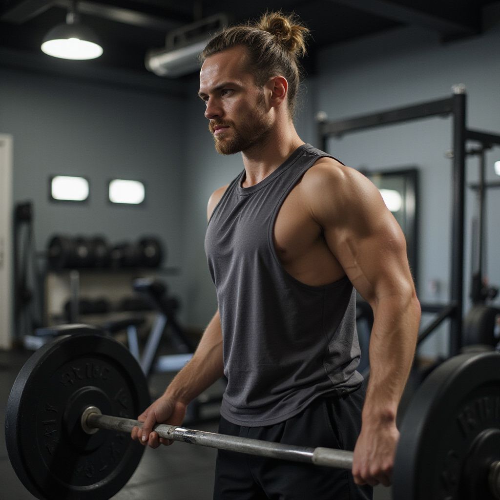 Man lifting barbell in a gym; gray tank top, dark shorts, bun hairstyle, serious expression, weights visible.