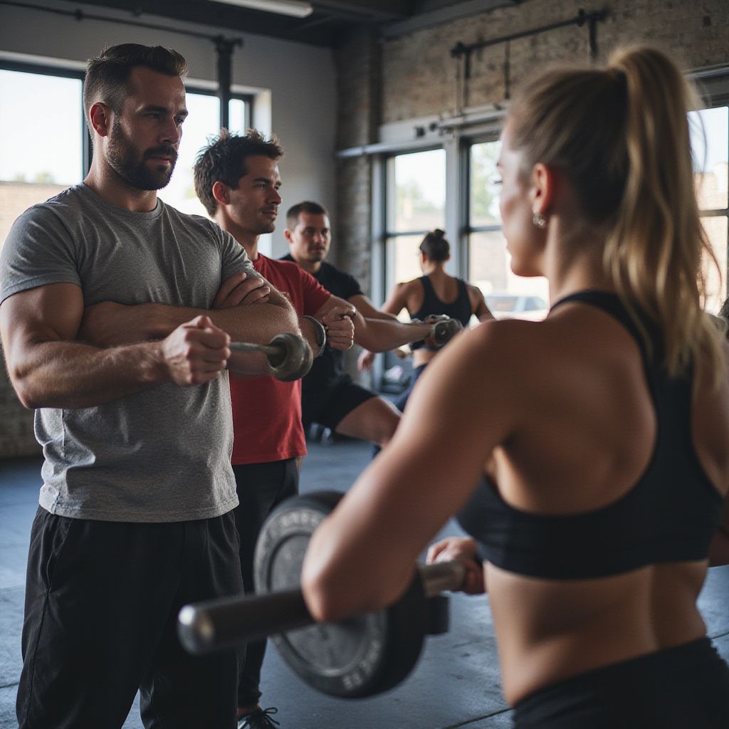 People in a gym: woman holding a barbell, men watching, others exercising in the background.