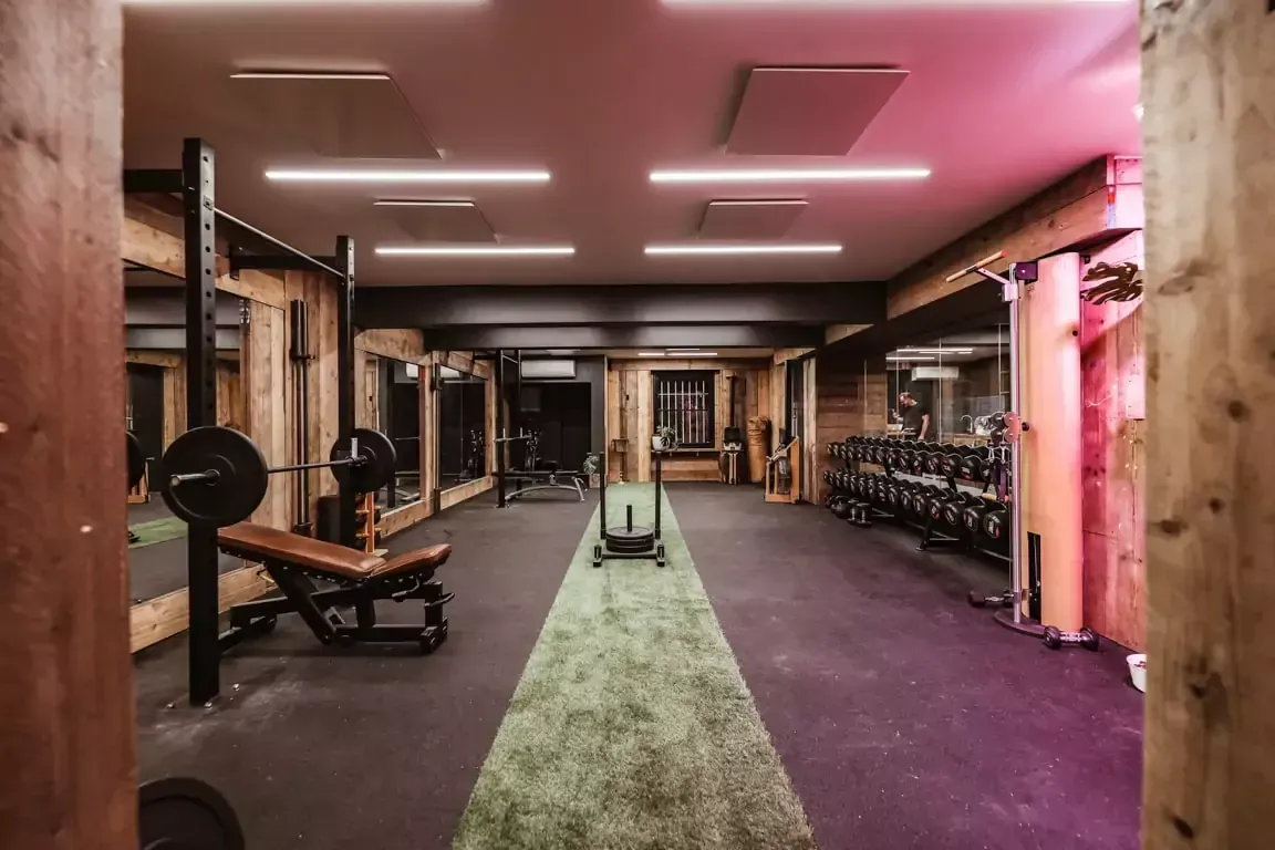 A large gym with a lot of equipment and a purple floor.