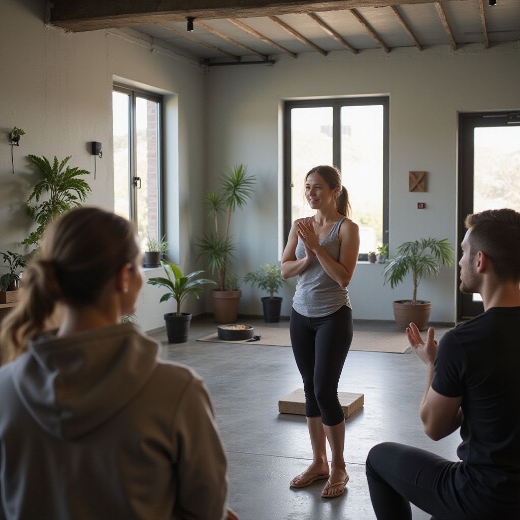Yoga instructor leads class in a light-filled studio with plants. People clapping, smiling.