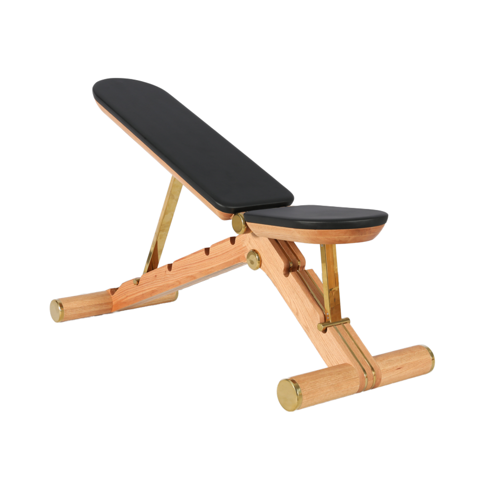 Terra Hale Gym Design : A wooden bench with a black seat on a white background