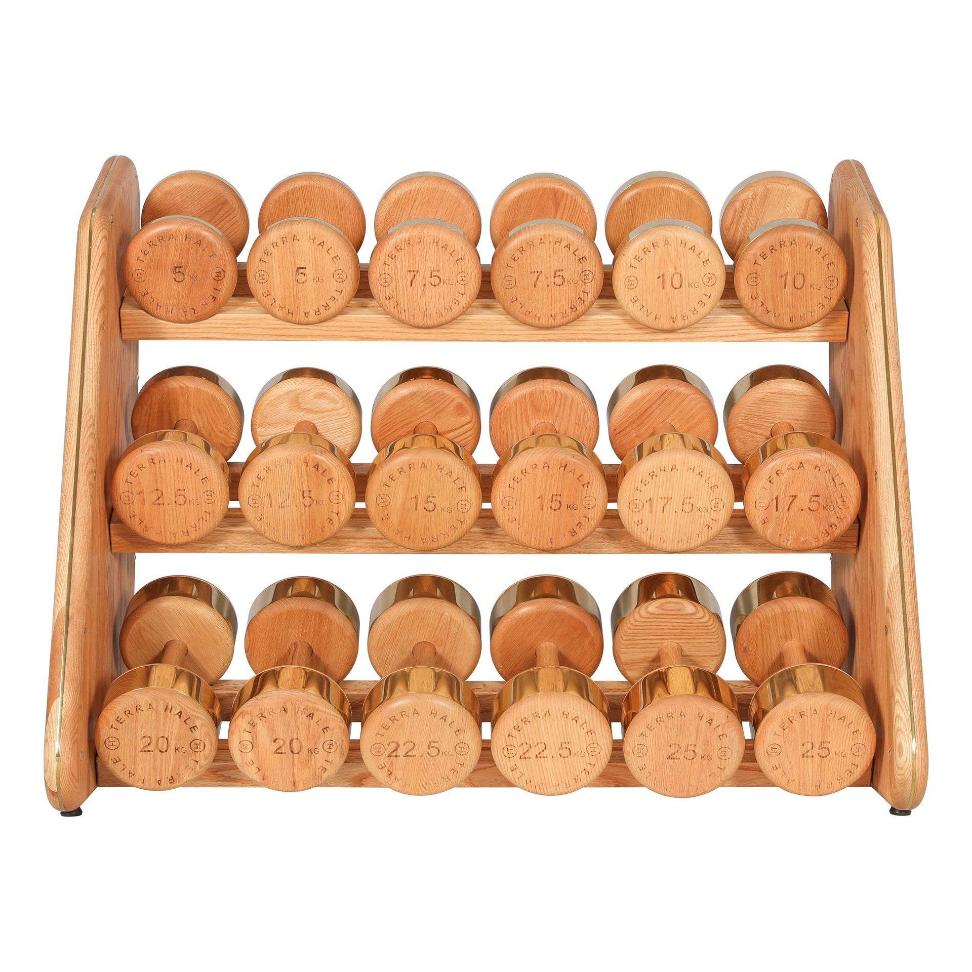 Terra Hale: A wooden rack filled with dumbbells of different weights