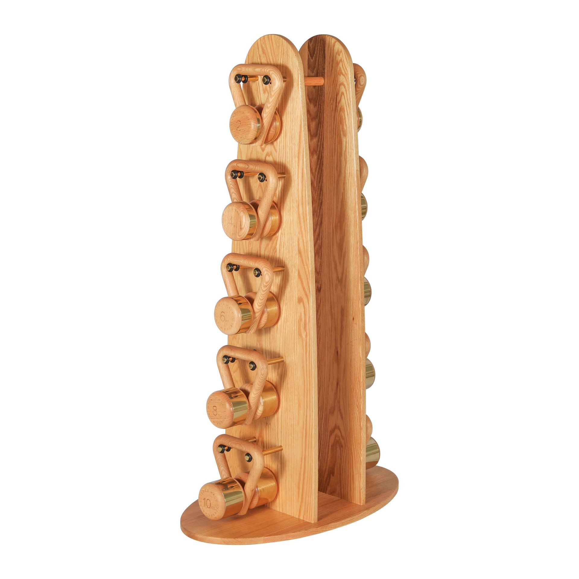 Terra Hale: A wooden dumbbell rack with a lot of dumbbells in it