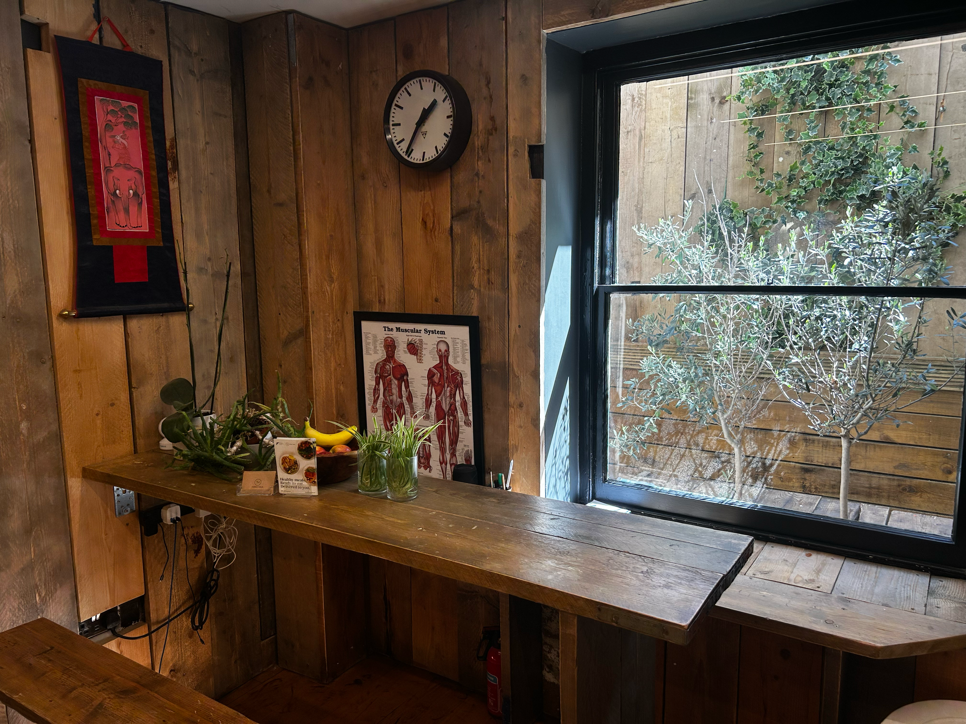 A room with a clock on the wall and plants growing on the wall at Terra Hale, London