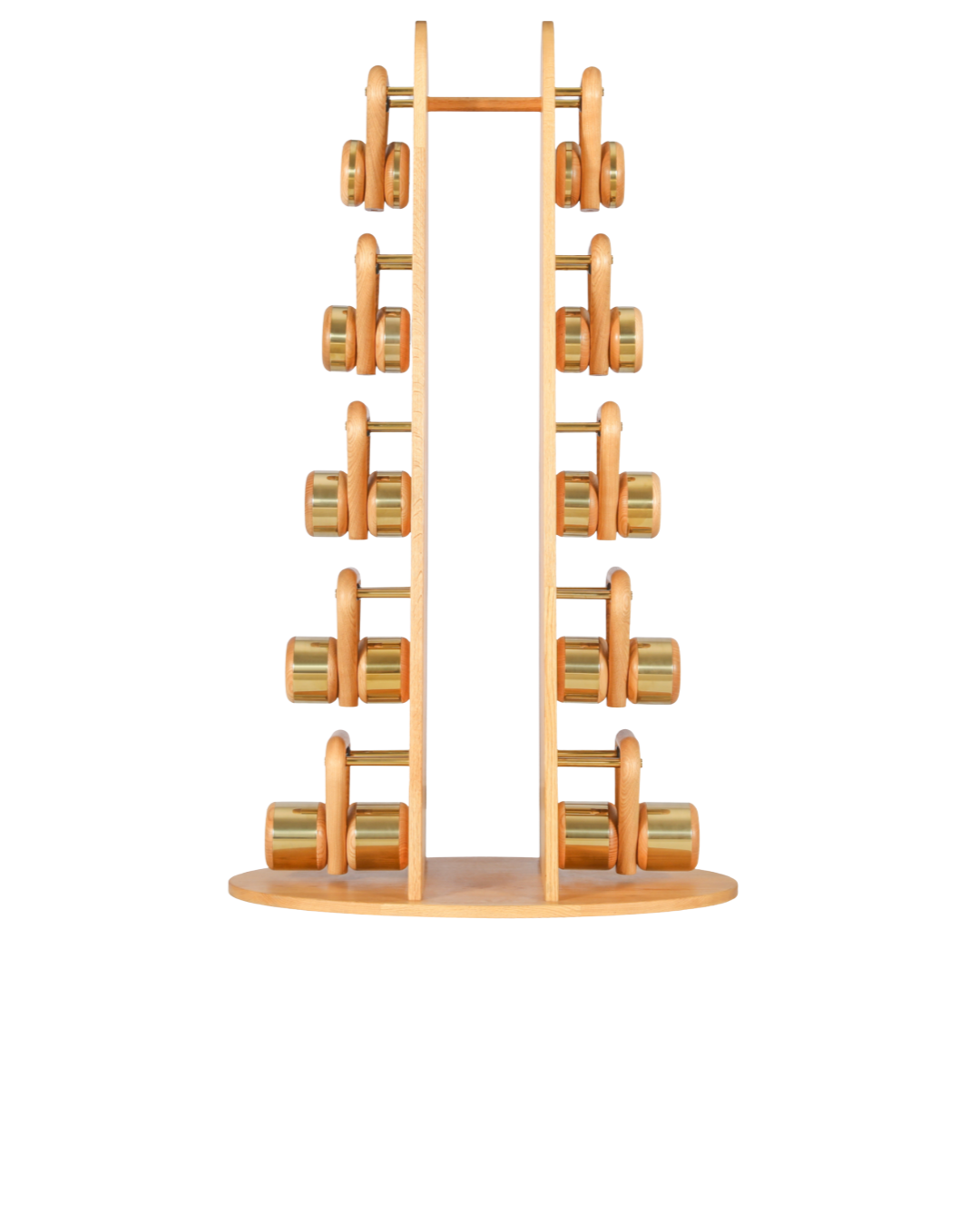 Terra Hale: A wooden dumbbell rack with a white background