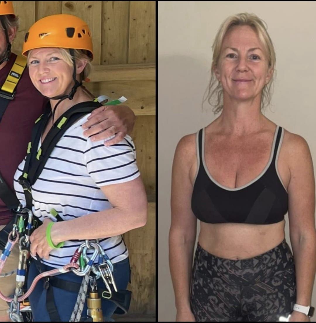 Woman before and after fitness journey, wearing athletic clothes, and appears fitter in the after photo.