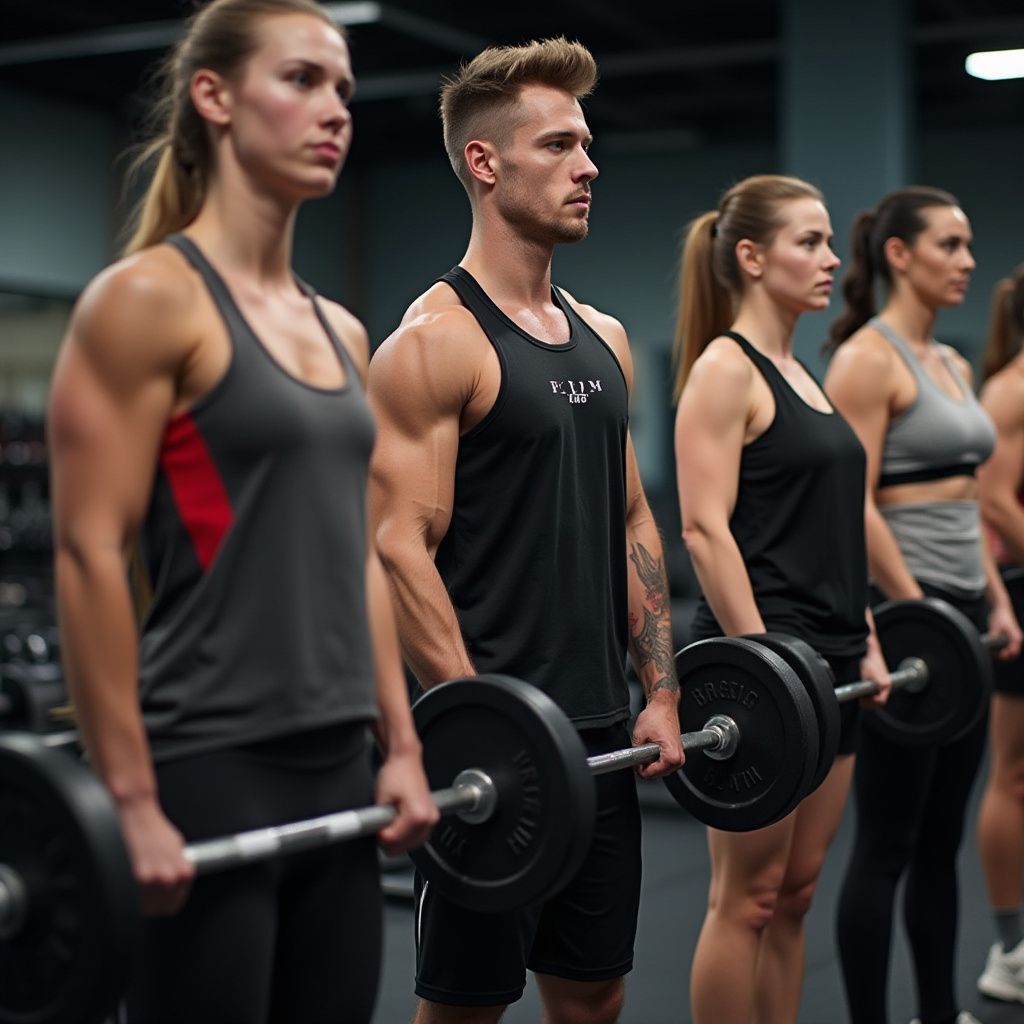 People lifting barbells in a gym. They are wearing workout clothes and focused on the exercise.