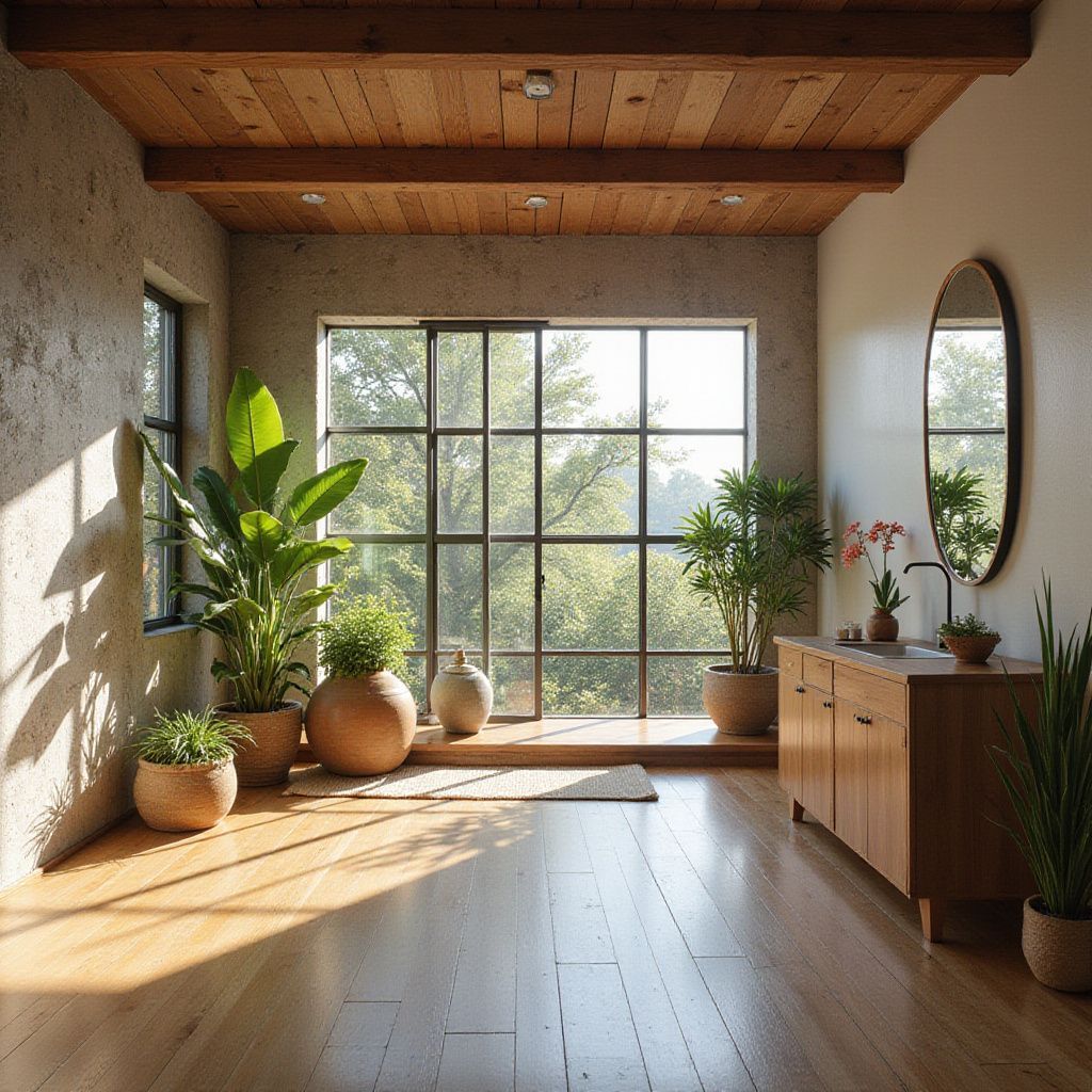 Bathroom with wooden ceiling and floor, large window, plants, and vanity.