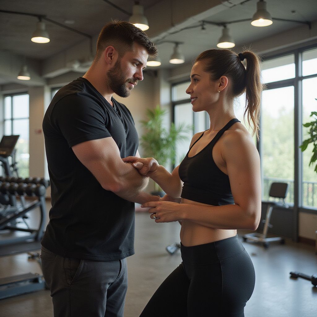 Man assisting woman's arm in gym. Both are wearing workout clothes and looking at each other, in a brightly lit space.