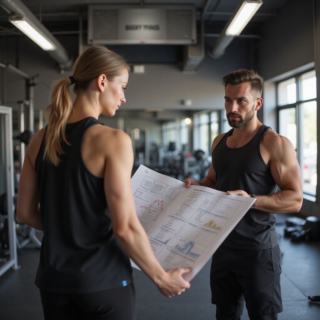 Woman and man in gym looking at a graph, discussing fitness plan.