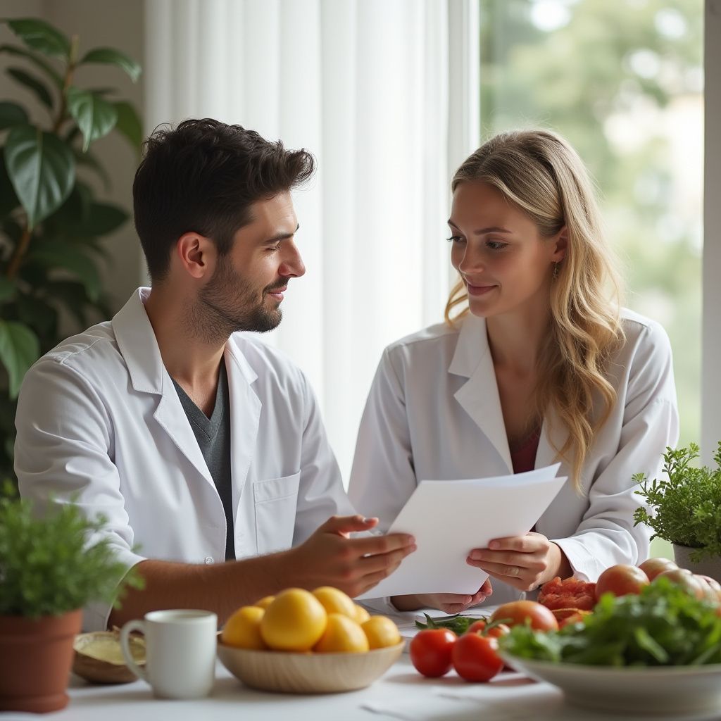 Two people in lab coats review documents at a table with fruit and vegetables.