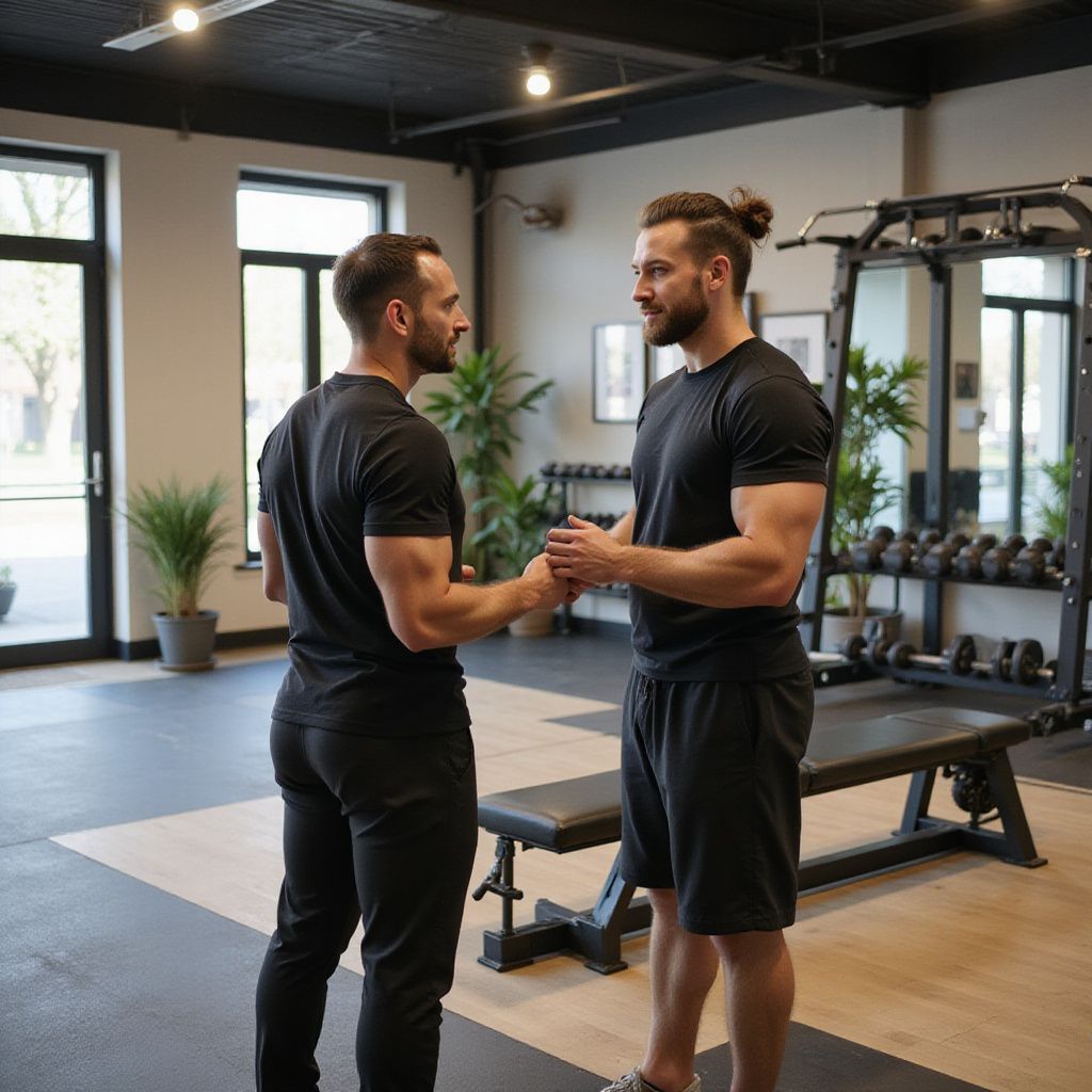 Two men in black workout clothes shaking hands in a gym.
