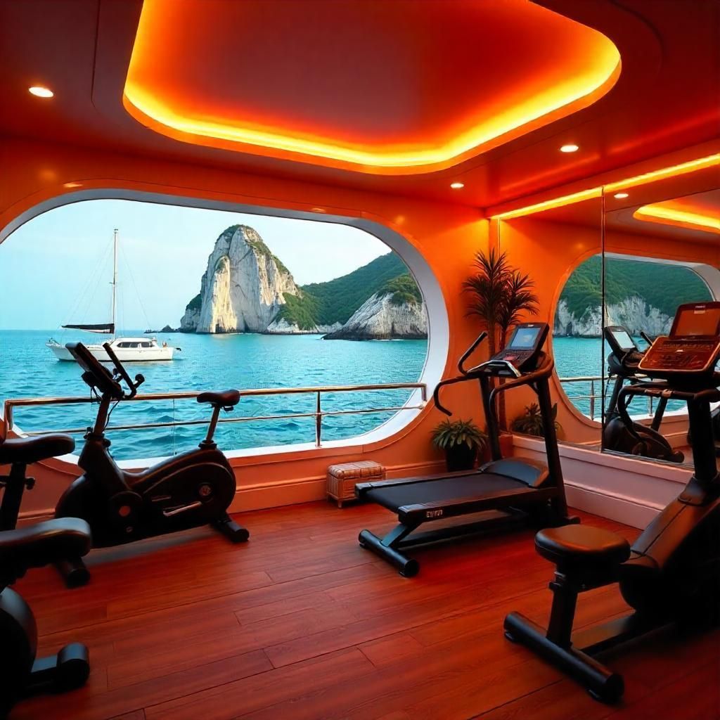 A gym with a view of the ocean and mountains
