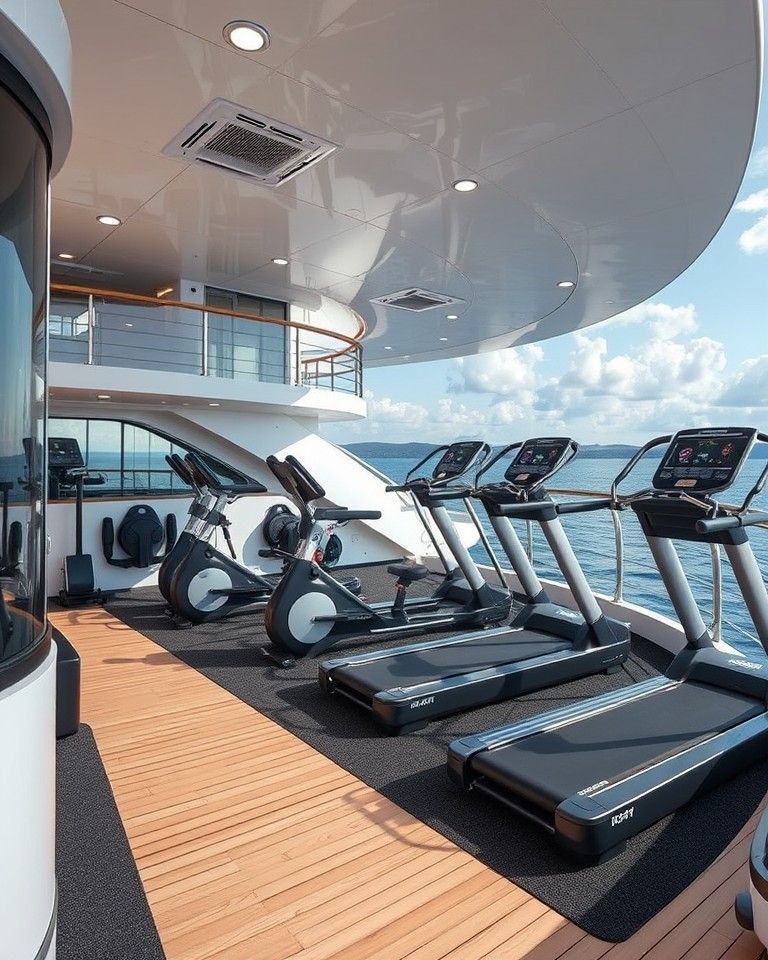 Terra Hale: A row of treadmills and exercise bikes on a boat.