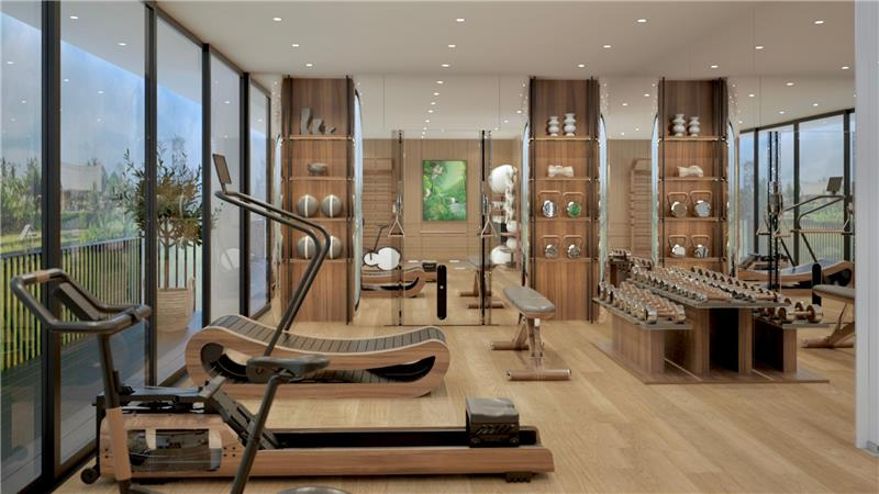 Terra Hale: An artist 's impression of a gym with treadmills , a row of dumbbells , and a bench.