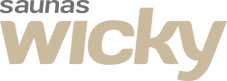 Logotipo para "saunas wicky" en texto gris y beige.