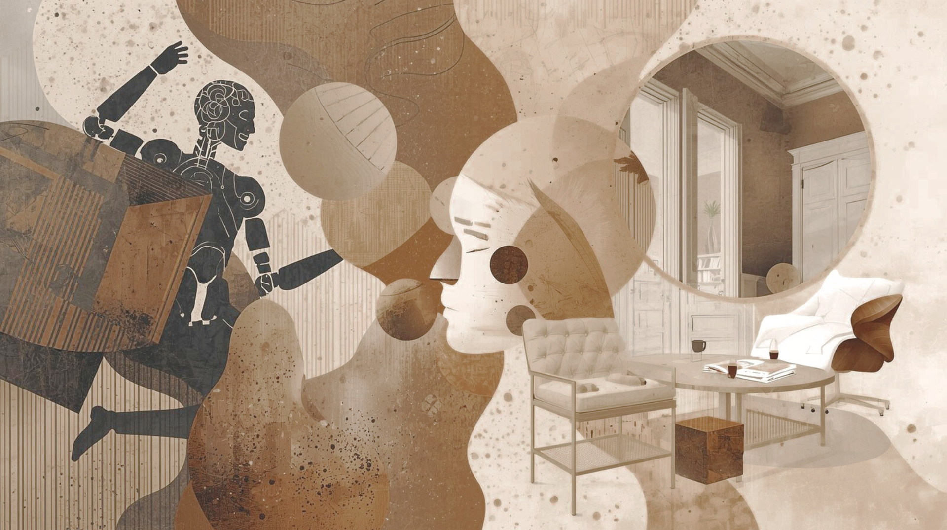 Collage : Profil de femme avec des cercles, une figure robotique et un intérieur de salon dans des tons sépia.