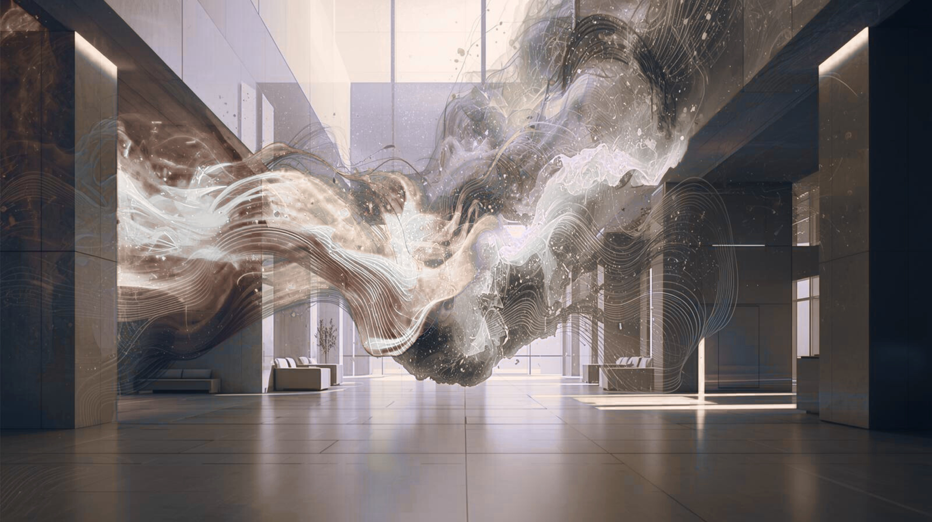 Nuage abstrait et tourbillonnant de particules dans le hall d'un immeuble moderne.