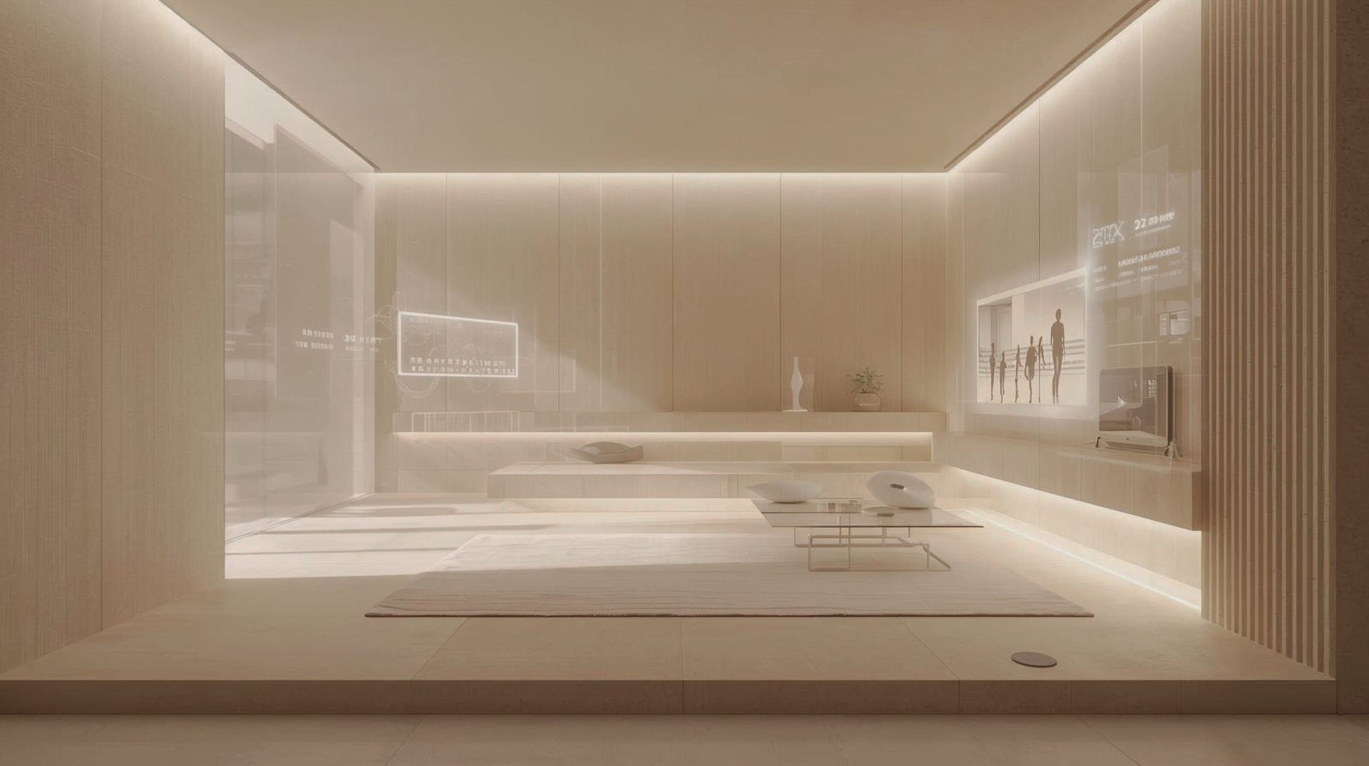 IA et architecture d'intérieur : synergie d'un salon minimaliste avec interfaces technologiques.