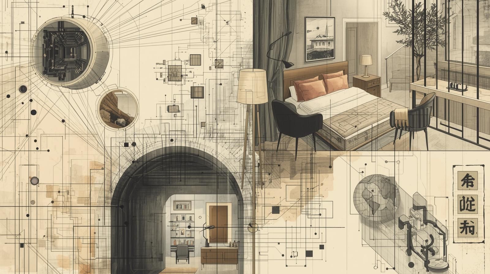 Art de style plan d'une chambre divisée avec des schémas architecturaux et une vraie photo d'une chambre moderne.