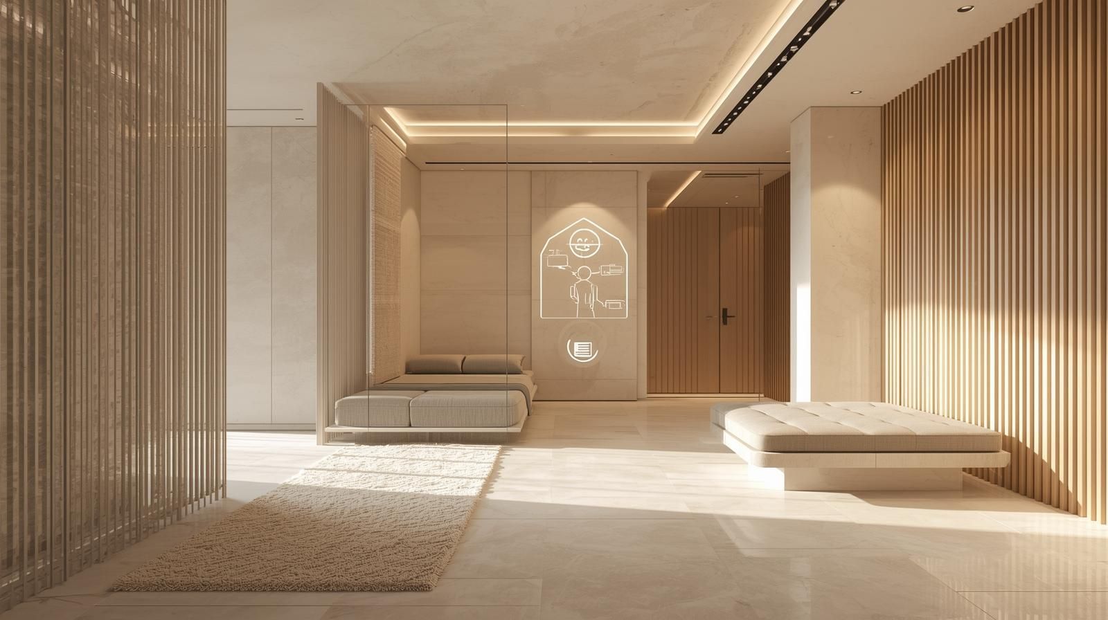 Un espace d'attente moderne aux tons beiges et dorés, comprenant des bancs, un tapis et un mur décoratif.