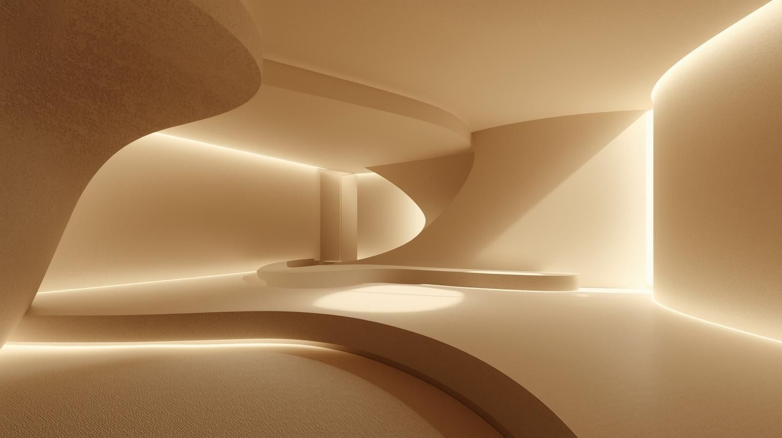 Intérieur moderne aux tons beiges avec des murs courbes, un éclairage indirect et une plate-forme circulaire.