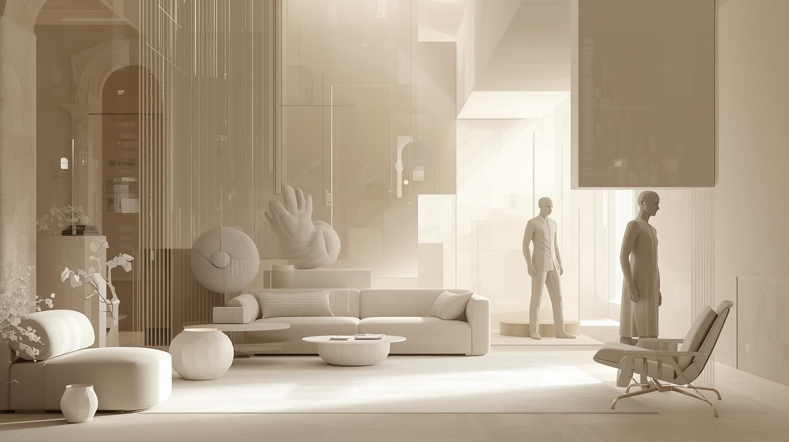 Salon monochrome avec meubles, sculptures et personnages, baigné d'une douce lumière.
