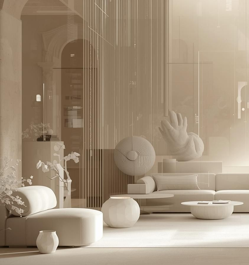 Élégant salon beige avec décor sculptural, rideau transparent et grande fenêtre.