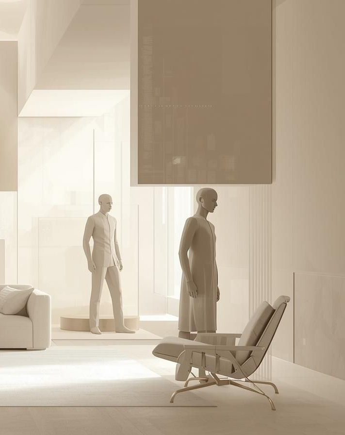 Intérieur monochrome avec personnages. Un homme debout, une femme le regarde. Une chaise au premier plan.